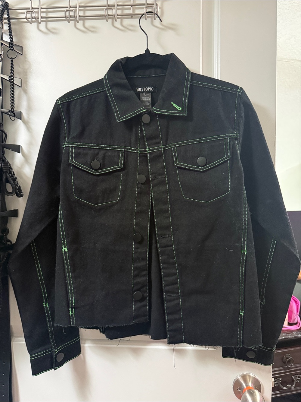 Hot Topic Black Jean Jacket with Neon Green Stitching